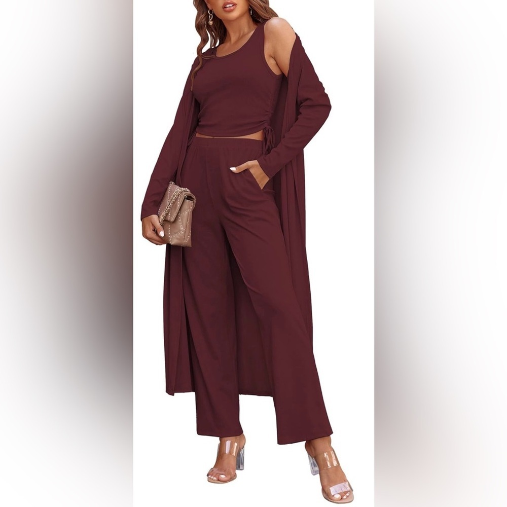 Ekouaer NWT Women's Ribbed 3 Piece Lounge Set in Maroon (0073-0074)